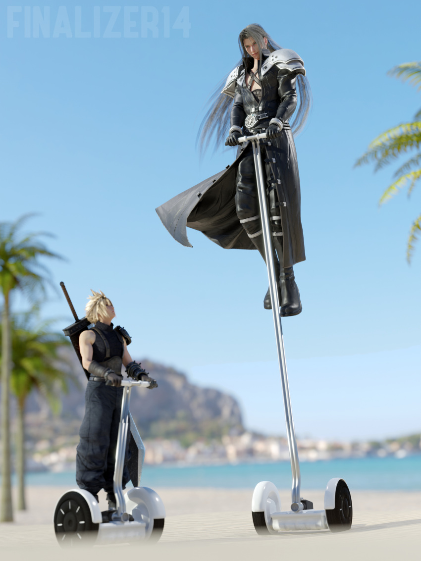 2boys 3d absurdres armor artist_name beach belt black_footwear black_gloves blender_(medium) blonde_hair blue_sky blurry blurry_background boots buster_sword clear_sky cloud_strife final_fantasy final_fantasy_vii final_fantasy_vii_rebirth final_fantasy_vii_remake gloves grey_hair highres jacket long_hair looking_at_another looking_up male_focus mountainous_horizon multiple_boys nautilic outdoors palm_tree parted_bangs segway sephiroth shirt short_hair shoulder_armor sky sleeveless sleeveless_shirt smile spiked_hair tree watermark