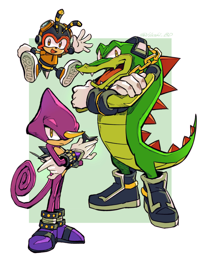 3boys absurdres alternate_costume chain chain_necklace charmy_bee crossed_arms espio_the_chameleon gloves gold_chain hashi84e headphones highres jewelry looking_at_viewer multiple_boys necklace open_mouth shoes sonic_(series) vector_the_crocodile white_gloves