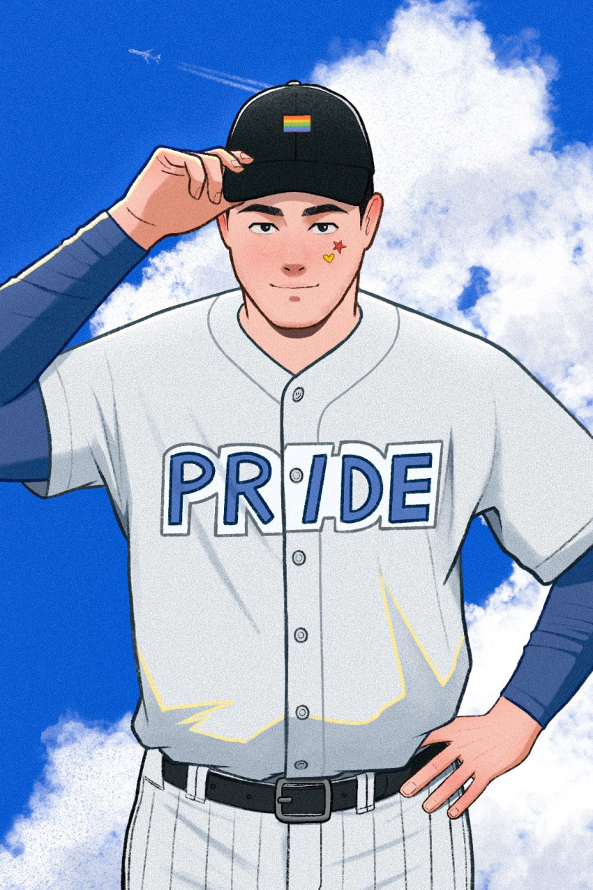 1boy aircraft airplane bara baseball_cap baseball_uniform belt black_belt black_eyes black_hair blue_sky english_text hand_on_headwear hand_on_own_hip hat hat_tip heart highres imramillust light_smile looking_at_viewer male_focus muscular muscular_male original rainbow_flag short_hair sky solo sportswear star_(symbol) sticker_on_face thick_eyebrows upper_body