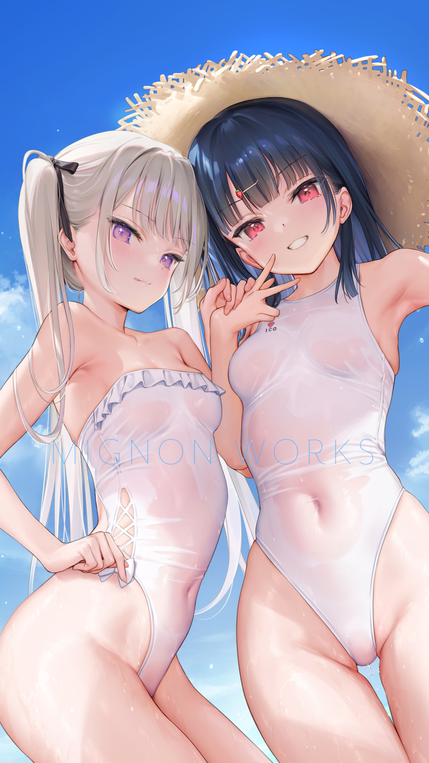 2girls absurdres artist_name bare_shoulders black_hair blue_sky breasts cloud cloudy_sky collarbone covered_navel day frills hair_ornament hairclip hat highleg highleg_swimsuit highres ichigo-chan_(mignon) lips long_hair mignon multiple_girls original outdoors parted_lips purple_eyes red_eyes see-through shiro-chan_(mignon) simple_background sky small_breasts smile strapless strapless_swimsuit straw_hat swimsuit teeth thighs tongue tongue_out twintails water water_drop wet wet_clothes white_hair white_swimsuit