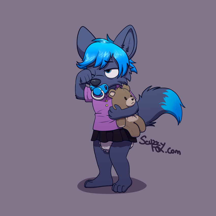 absurd_res anthro clean_diaper clothed clothing diaper female hi_res object_in_mouth pacifier pacifier_in_mouth plushie scuzzyfox teddy_bear tired wearing_diaper