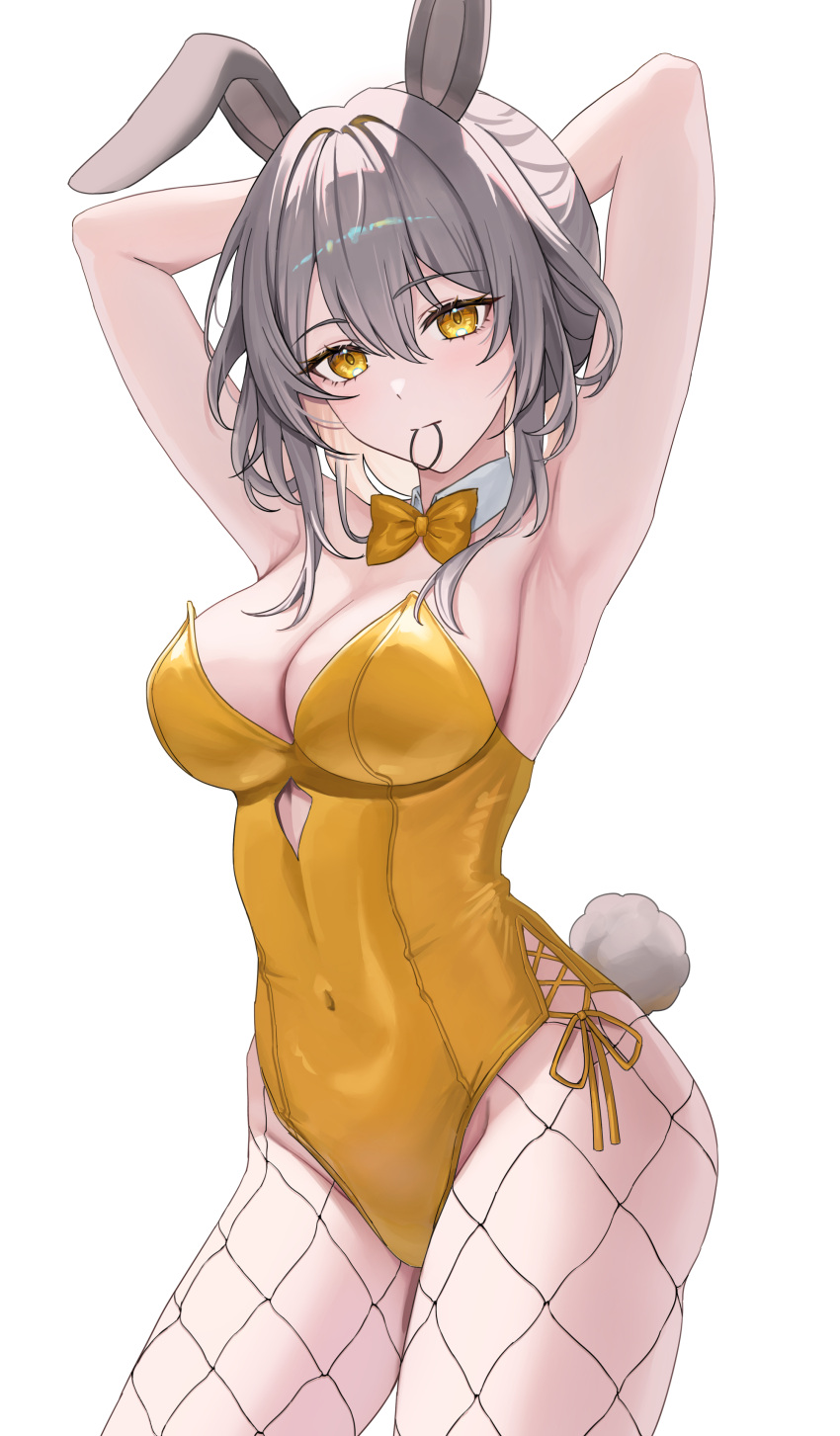1girl absurdres animal_ears armpits arms_behind_head bow bowtie breasts commentary covered_navel cowboy_shot detached_collar fake_animal_ears fake_tail fishnet_pantyhose fishnets grey_hair hair_tie_in_mouth highres honkai:_star_rail honkai_(series) leotard long_hair looking_at_viewer medium_breasts mouth_hold pantyhose playboy_bunny rabbit_ears rabbit_tail revision sicle side-tie_leotard simple_background solo stelle_(honkai:_star_rail) strapless strapless_leotard tail trailblazer_(honkai:_star_rail) white_background yellow_bow yellow_bowtie yellow_eyes yellow_leotard