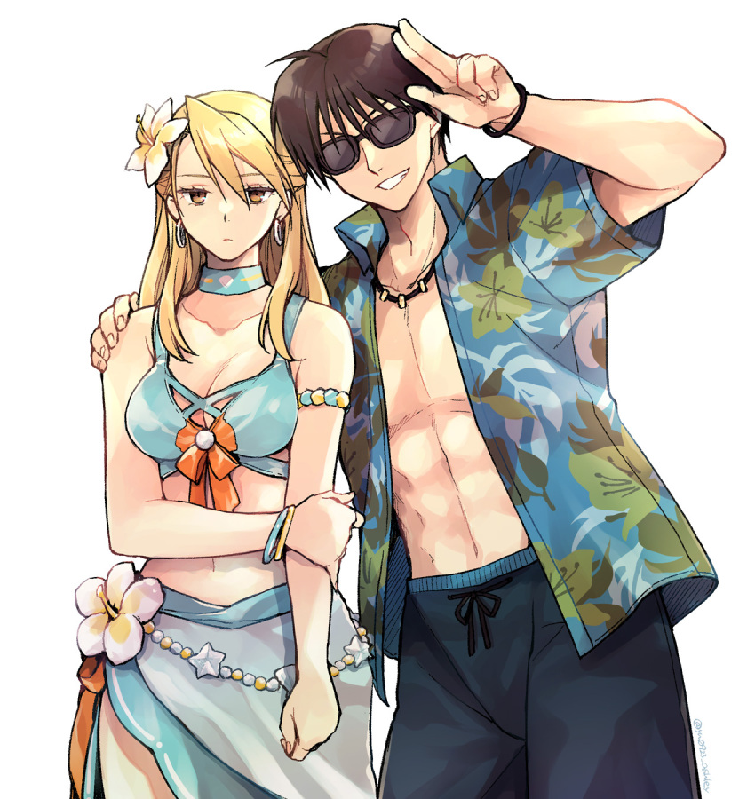1boy 1girl alternate_costume armband bikini blonde_hair bow_(weapon) bracelet breasts brown_eyes brown_hair cleavage collarbone commentary_request earrings expressionless flower fullmetal_alchemist grabbing_own_arm hair_flower hair_ornament hand_on_another's_shoulder hawaiian_shirt highres hoop_earrings jewelry large_breasts long_hair looking_at_viewer medium_breasts midriff navel necklace open_clothes riza_hawkeye roy_mustang sarong shirt short_sleeves simple_background smile sunglasses swimsuit takafuji_yuna weapon white_background yellow_eyes