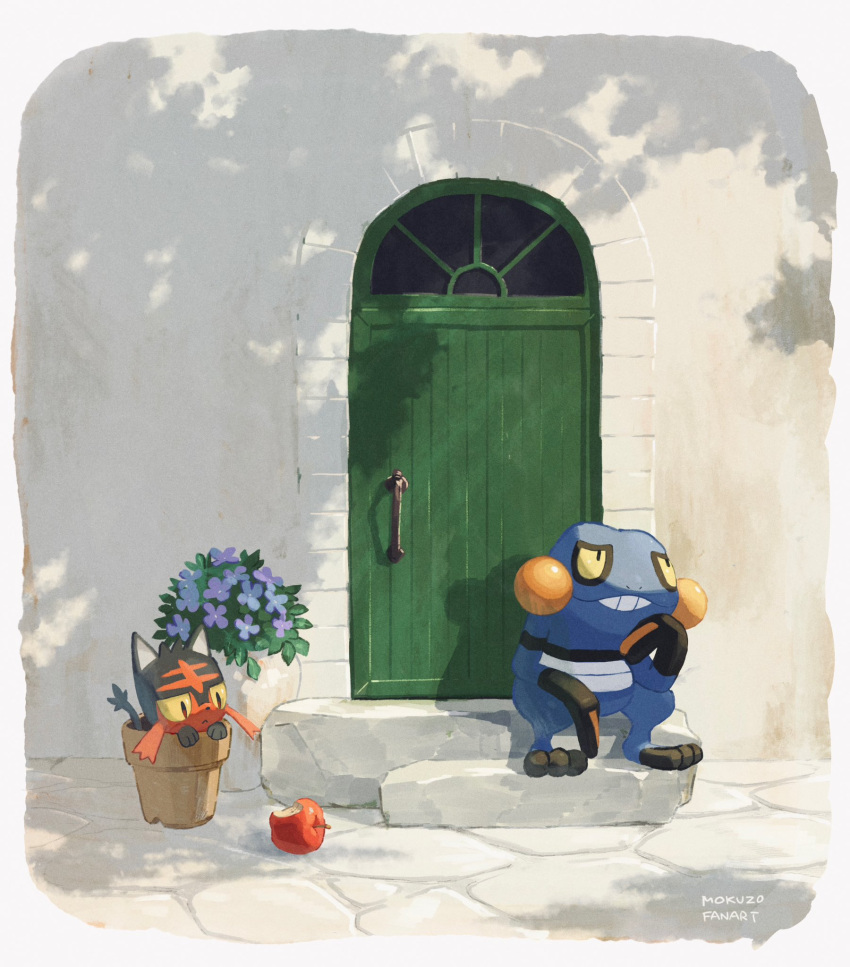 apple bitten_apple border croagunk day door flower_pot food food_bite fruit highres litten looking_down mokuzou_(moku_ssbu) no_humans outdoors pokemon pokemon_(creature) shadow signature sitting stairs white_border