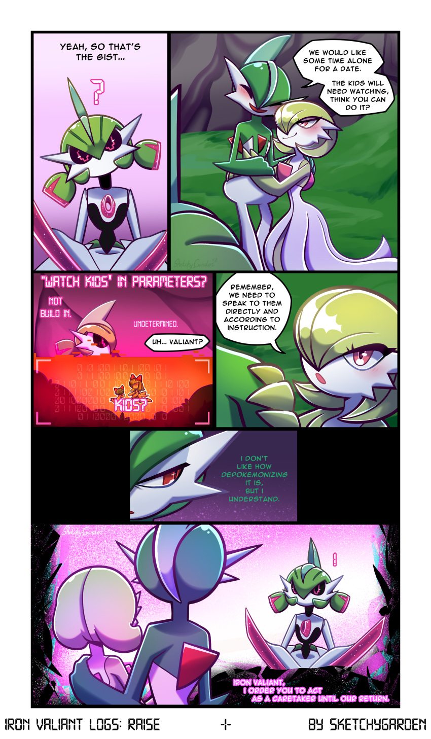 absurd_res ambiguous_gender blush comic female future_pokemon gallade gardevoir generation_3_pokemon generation_4_pokemon generation_9_pokemon glitch grace_(gardevoir) grass group happy hi_res hud humanoid iron_valiant joy_(ralts) kirlia lights machine nintendo noble_(gallade) ominous paradox_pokemon plant pokemon pokemon_(species) question_mark ralts robot serenity_(kirlia) sketchygarden text