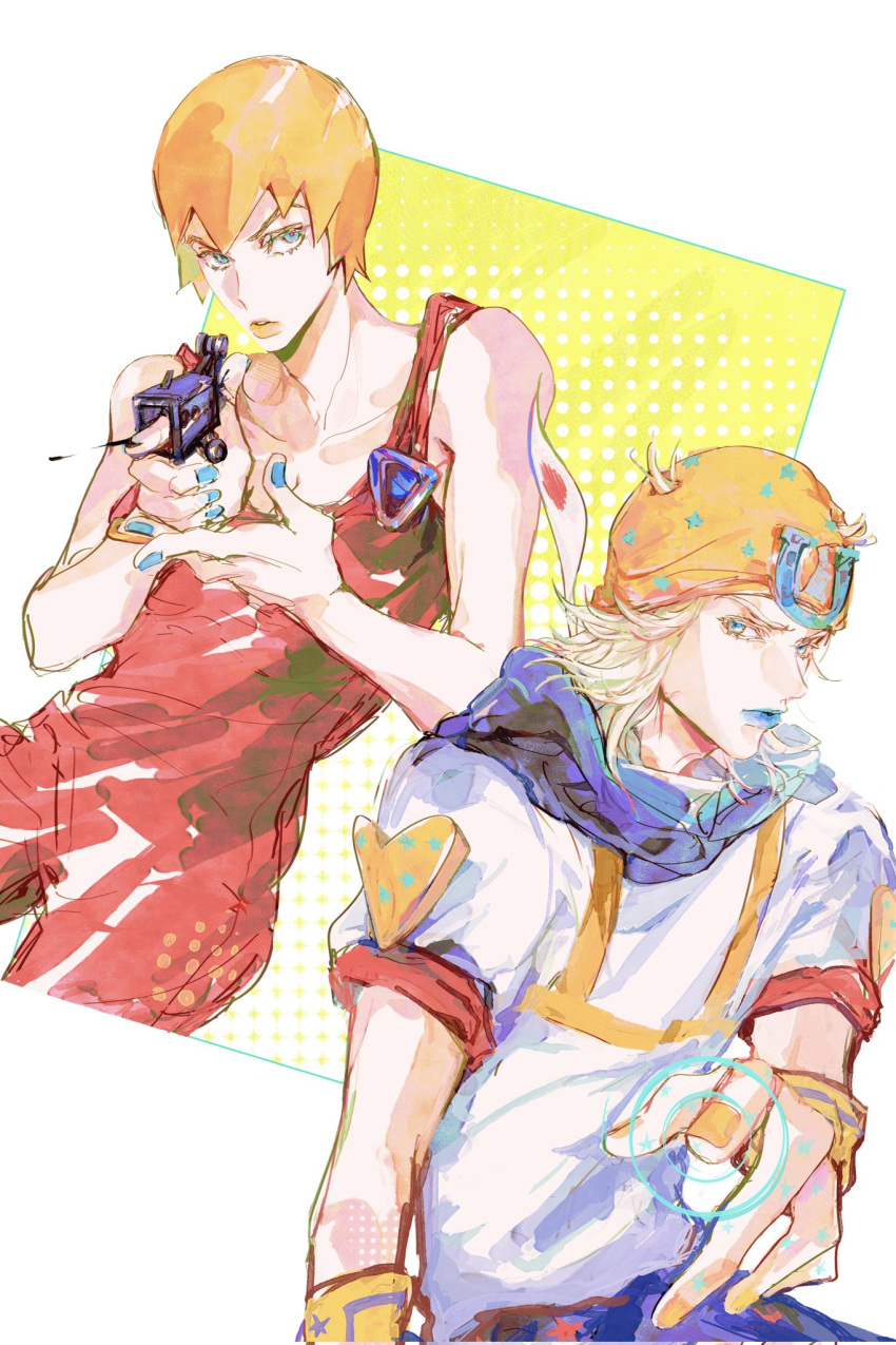 1boy 1girl alternate_hair_color beanie blonde_hair blue_eyes blue_lips czyw fingernails foo_fighters hat highres hood hoodie horseshoe_ornament jojo_no_kimyou_na_bouken orange_hair overalls short_hair stone_ocean