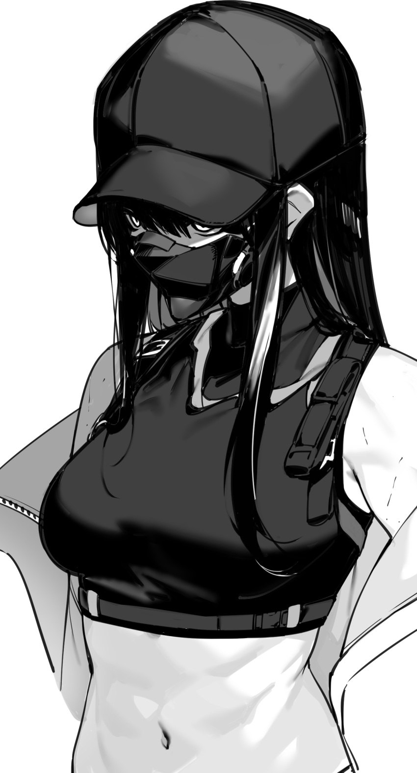 1girl absurdres armpit_peek baseball_cap blue_archive breasts commentary crop_top greyscale hat highres long_hair mask medium_breasts menea midriff monochrome navel off_shoulder saori_(blue_archive) solo upper_body