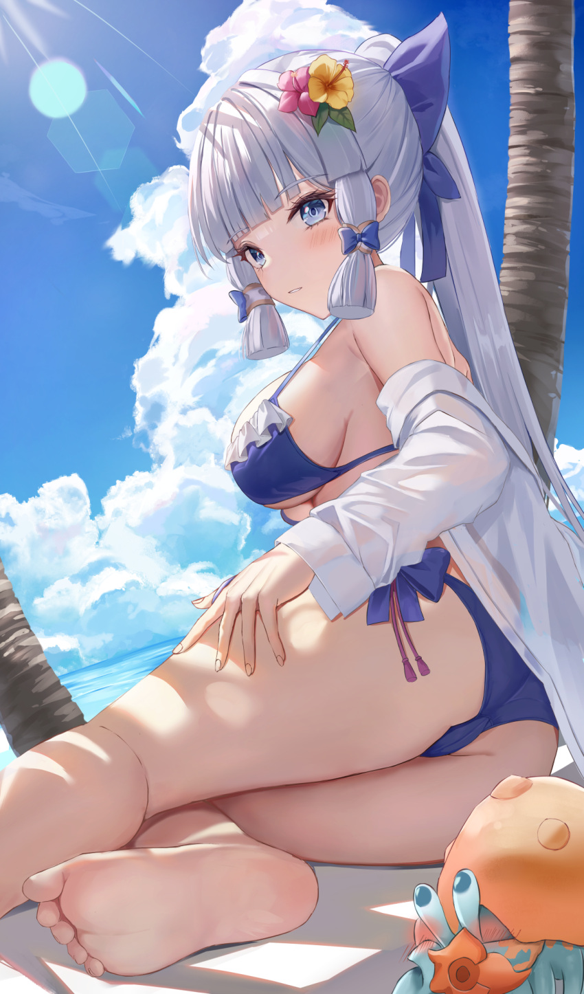 1girl ass beach bikini blue_bikini blue_eyes blue_sky blush breasts cameltoe cloud day flower genshin_impact hair_flower hair_ornament hermit_crab high_ponytail highres i_ruru kamisato_ayaka lens_flare medium_breasts outdoors parted_lips sidelocks sky solo strap_gap swimsuit white_hair