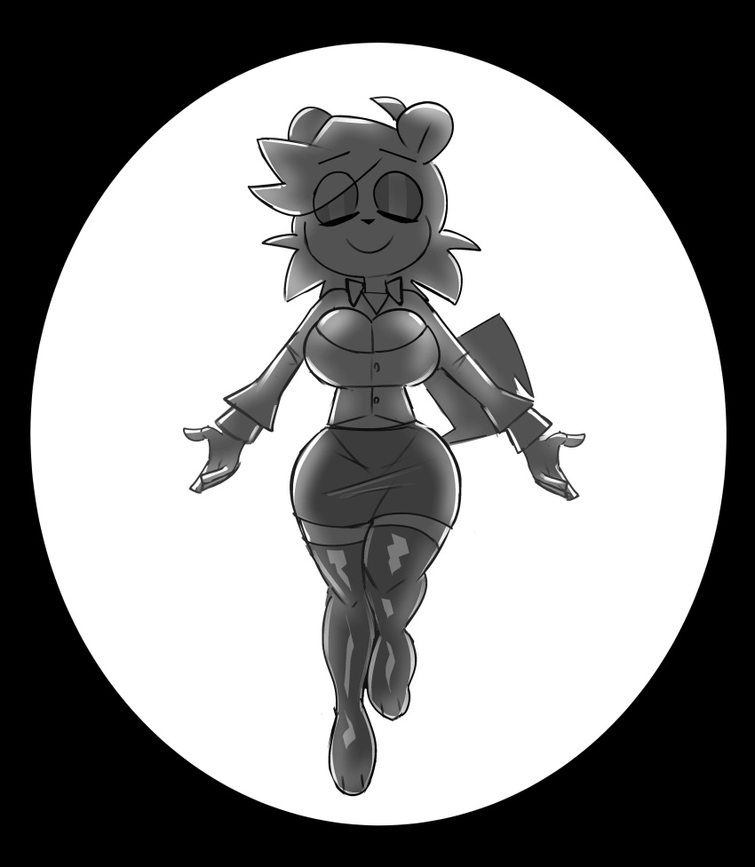 2023 3_toes absurd_res anthro big_breasts bottomwear breasts buxy clothed clothing digital_drawing_(artwork) digital_media_(artwork) dress_shirt feet female fur greyscale hair hi_res mammal monochrome nano_(buxy) office_lady pencil_skirt rodent sciurid shirt simple_background skirt smile solo tail toes topwear