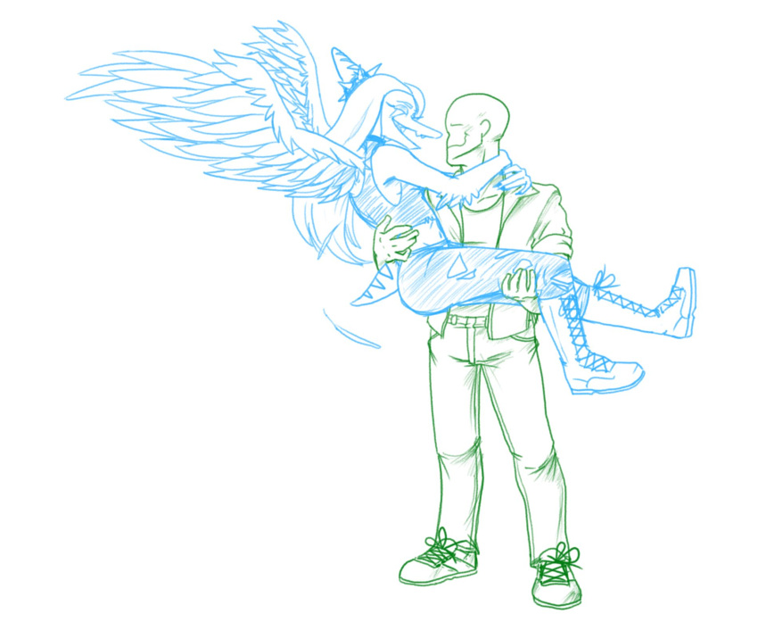 5_fingers anon_(snoot_game) anthro arms_around_neck bald blue_and_white boots carrying_another clothed clothing duo eyes_closed faceless_character faceless_human faceless_male fang_(gvh) feathered_wings feathers female female_anthro fingers footwear furgonomic_topwear furgonomics goodbye_volcano_high green_and_white hair hi_res human knee_boots knee_highs legwear line_art long_hair male male/female mammal monochrome open_mouth open_smile plantigrade protonmono pterodactylus pterosaur reptile scalie shirt shoes short_tail simple_background smile snoot_game snout standing tail topwear wings