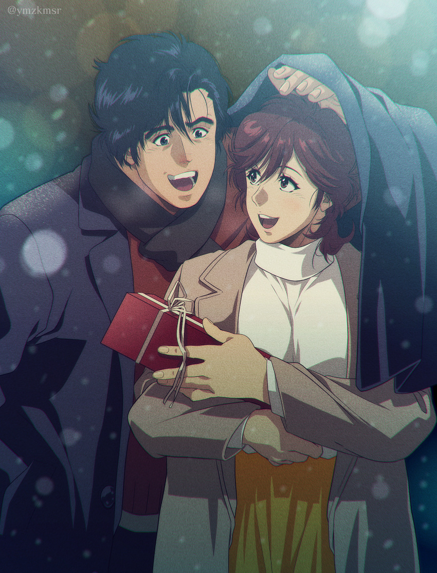 1boy 1girl absurdres black_coat black_hair black_scarf breath brown_coat brown_hair city_hunter coat couple fingernails gift happy hetero highres holding holding_gift long_sleeves makimura_kaori muscular muscular_male open_mouth red_shirt saeba_ryou scarf shirt short_hair skirt snow sweater teeth trench_coat turtleneck turtleneck_sweater twitter_username white_sweater winter yellow_skirt yuu_(masarunomori)