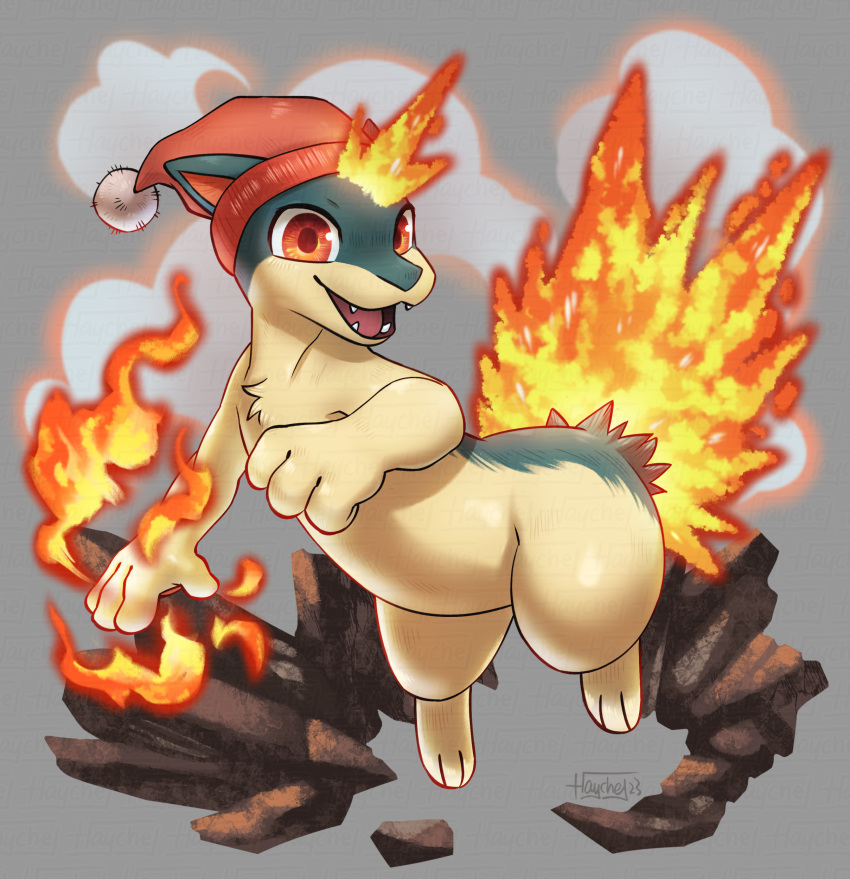 absurd_res action_pose anthro biped fingers fire generation_2_pokemon haychel hi_res nintendo open_mouth open_smile pokemon pokemon_(species) pose quilava smile solo