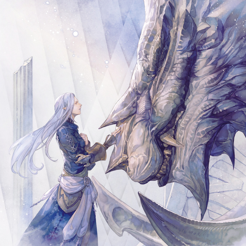 1girl album_cover blue_coat blue_eyes blue_lips closed_eyes coat cover cowboy_shot dragon elezen elf final_fantasy final_fantasy_xiv floating_hair from_side hand_on_another's_head hand_on_own_chest highres hraesvelgr_(ff14) long_hair long_sleeves official_art parted_lips pointy_ears profile sash sharp_teeth size_difference smile standing teeth white_hair white_sash ysayle_dangoulain
