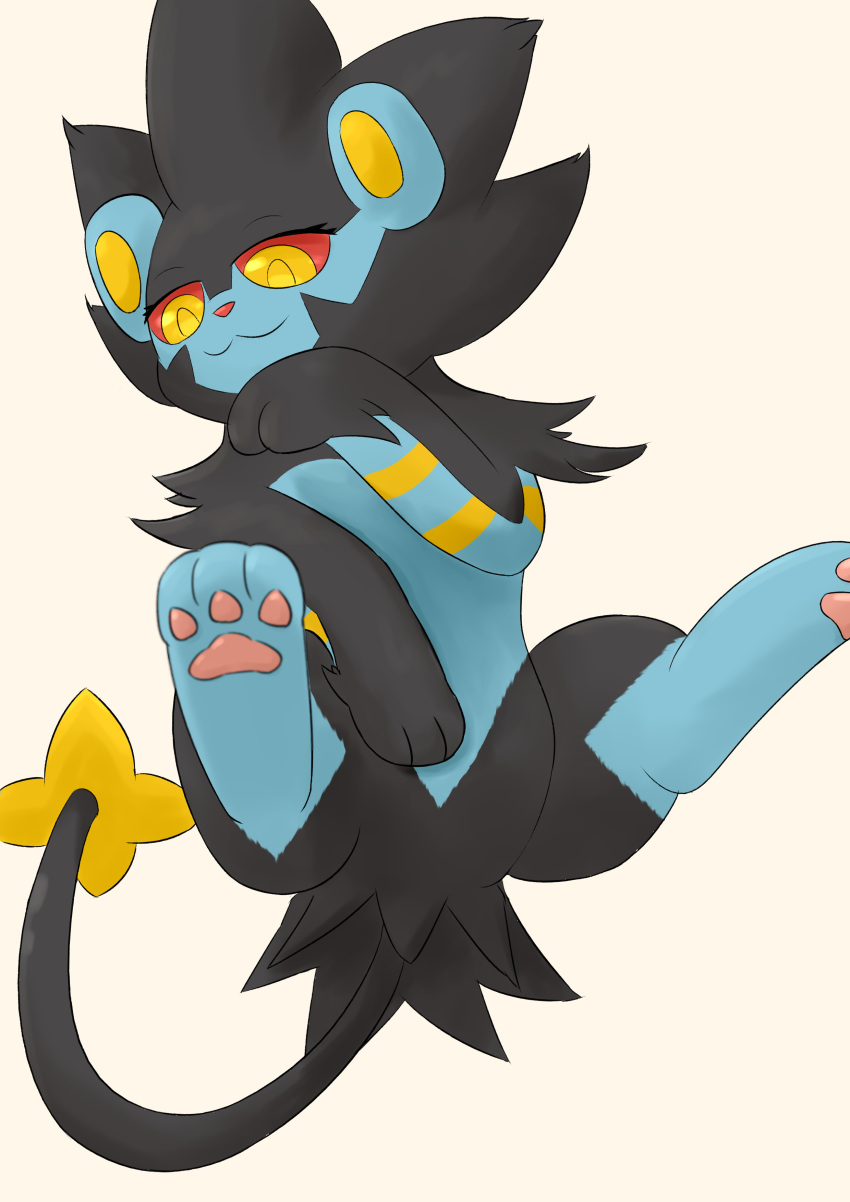 absurd_res ambiguous_gender black_body black_fur blue_body blue_fur digitigrade featureless_crotch felid feline feral fur generation_4_pokemon hi_res jayfeather233 luxray mammal nintendo pawpads pink_pawpads pokemon pokemon_(species) red_sclera simple_background solo white_background yellow_eyes