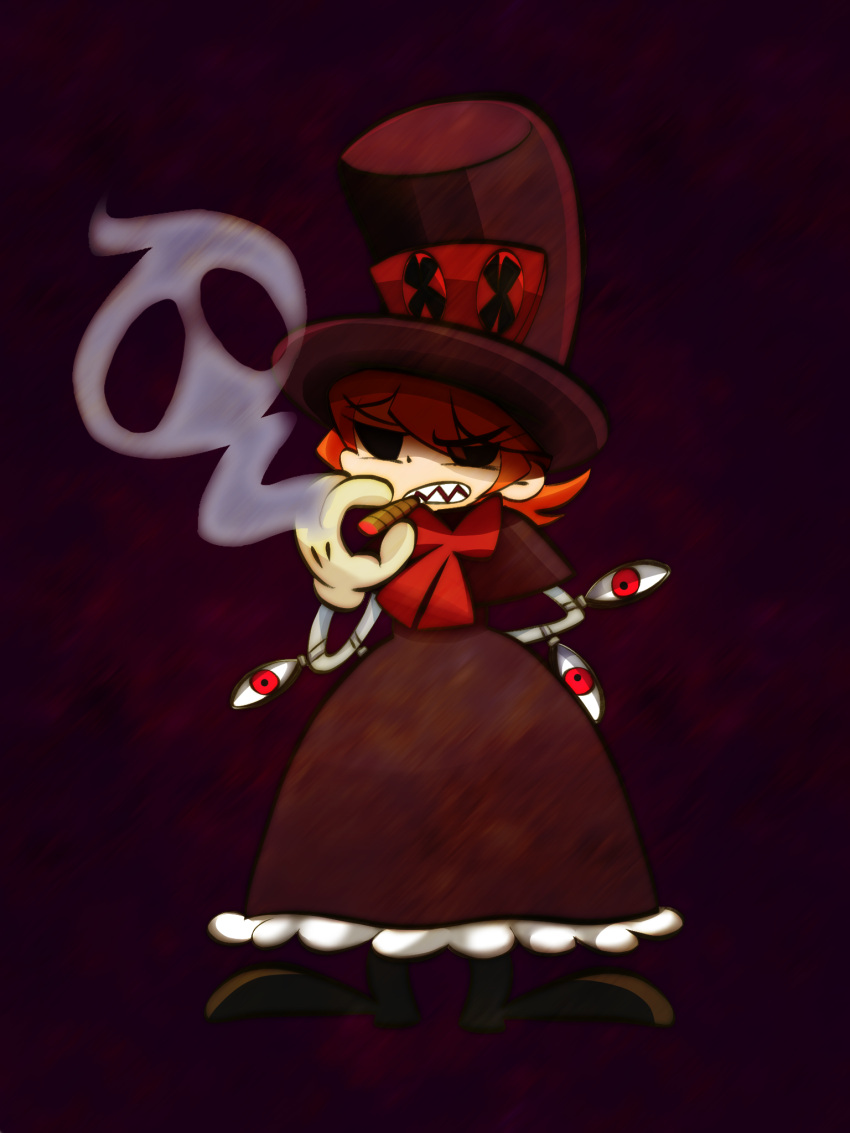 1girl black_background black_dress black_headwear bow brainfantasy cigar dress full_body gloves hat highres ibispaint_(medium) mechanical_arms mouth_hold orange_hair peacock_(skullgirls) red_bow sharp_teeth short_hair skullgirls smoking solo teeth teeth_hold toon_(style) top_hat white_gloves