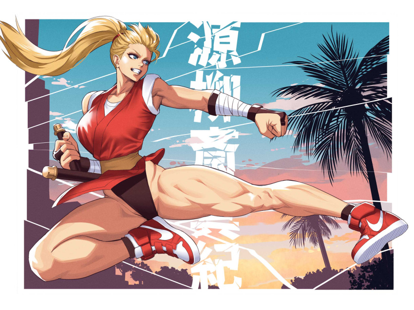 1girl bare_legs black_panties black_socks blonde_hair blue_eyes breasts bridal_gauntlets clenched_hand commentary_request final_fight final_fight_2 fingerless_gloves fingernails flying_kick full_body genryuusai_maki gloves hand_wraps highres holding holding_weapon jumping kicking large_breasts long_hair muscular muscular_female nike ninja ogami panties pantyshot pelvic_curtain ponytail red_footwear sash sleeves_rolled_up socks solo teeth thick_thighs thighs tonfa underwear weapon yellow_sash