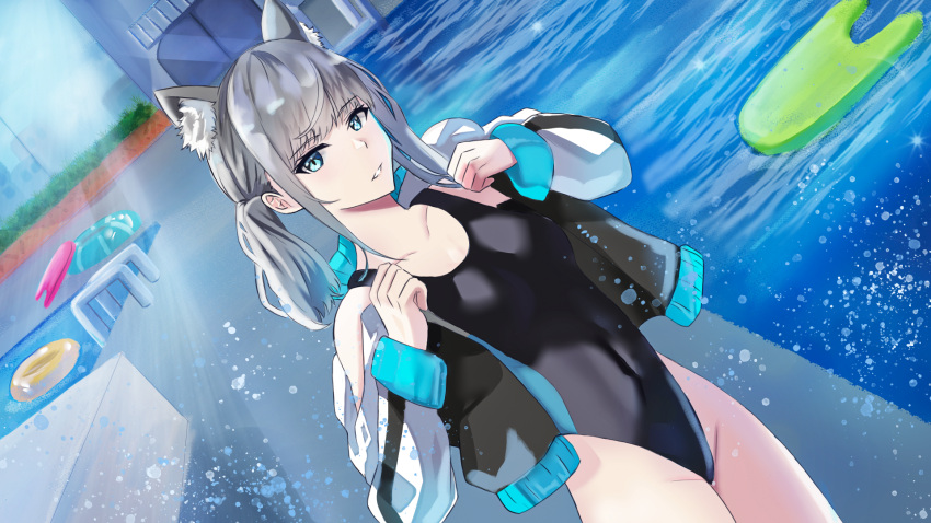 1girl animal_ear_fluff animal_ears black_jacket black_one-piece_swimsuit blue_archive blue_eyes breasts competition_swimsuit covered_navel cowboy_shot cross_hair_ornament dutch_angle extra_ears grey_hair hair_ornament halo highres jacket kickboard low_ponytail medium_breasts medium_hair mismatched_pupils multicolored_clothes multicolored_jacket multicolored_swimsuit nero_(geuk4788) one-piece_swimsuit parted_lips pool shiroko_(blue_archive) shiroko_(swimsuit)_(blue_archive) solo standing swimsuit water wolf_ears