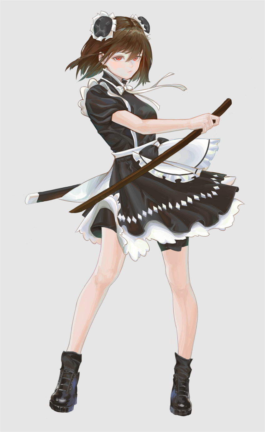 1girl absurdres atbn_(evangeline) black_dress black_footwear black_socks brown_hair double_bun dress eyelashes frown hair_bun highres holding holding_weapon maid original qi_maid red_eyes ribbon shoes short_hair simple_background socks solo sword weapon white_background white_ribbon wooden_sword