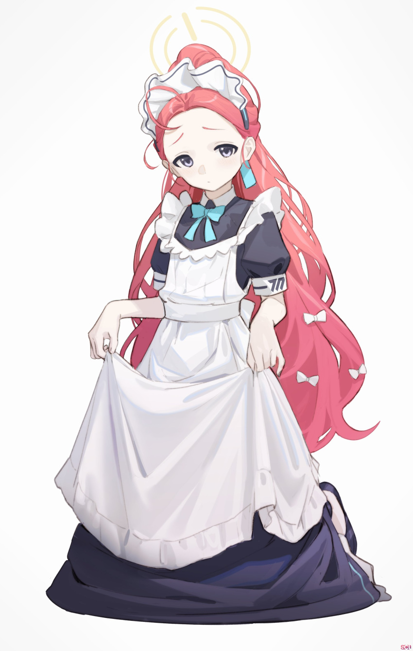 1girl absurdres apron apron_hold black_dress blue_archive blush bow closed_mouth dress forehead grey_background hair_bow halo highres kneeling long_hair looking_at_viewer maid maid_headdress purple_eyes red_hair short_sleeves simple_background solo songchuan_li very_long_hair white_apron yuzu_(blue_archive) yuzu_(maid)_(blue_archive)