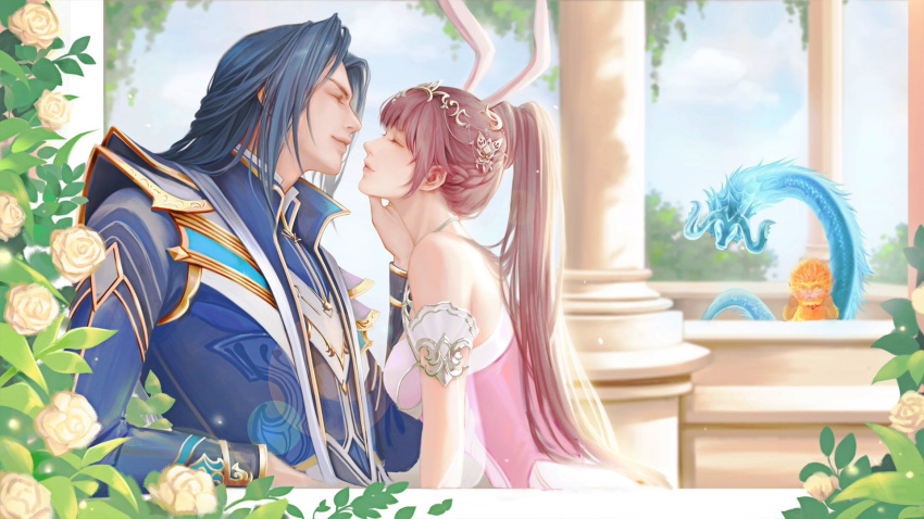 1boy 1girl animal_ears blue_hair blue_suit braid brown_hair bush closed_eyes closed_mouth couple douluo_dalu dragon dress flower formal from_side hair_ornament hand_on_another's_face highres long_hair monkey pillar pink_dress ponytail rabbit_ears smile suit tang_san white_flower wutong_yao_jianqiang xiao_wu_(douluo_dalu)