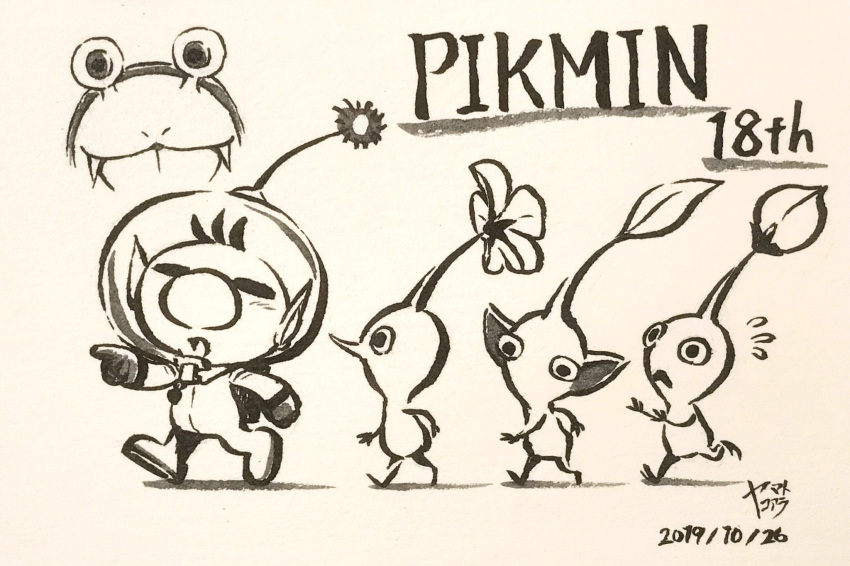 1boy alien anniversary backpack bag big_nose blue_pikmin bud bulborb buttons clenched_hand closed_eyes commentary_request copyright_name dated fangs flower flying_sweatdrops following gloves helmet highres ink_(medium) koaraymt leaf leg_up monochrome no_mouth olimar open_mouth pikmin_(creature) pikmin_(series) pointing pointing_forward pointy_ears pointy_nose radio_antenna red_pikmin shadow short_hair signature single_blush_sticker space_helmet spacesuit traditional_media triangle_mouth very_short_hair whistle yellow_pikmin