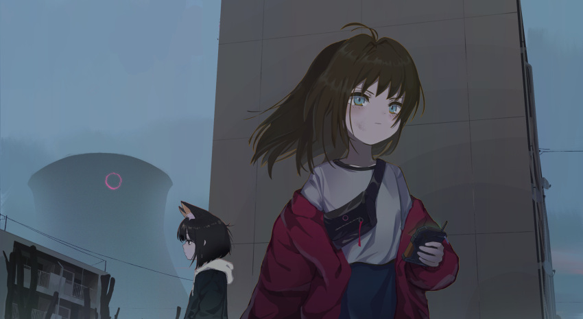 2girls :| ahoge animal_ears arm_at_side bag balcony black_eyes black_hair black_hoodie blue_eyes blue_shorts blush brown_hair building cat_ears cat_girl closed_mouth cloud cloudy_sky collarbone cooling_tower day dirty dirty_face dot_nose expressionless floating_hair fog highres holding_radio hood hood_down hoodie jacket kgt_(pixiv12957613) long_bangs medium_hair monster multiple_girls off_shoulder original outdoors power_lines profile railing red_jacket scenery shirt shorts shoulder_bag silhouette sky upper_body white_shirt