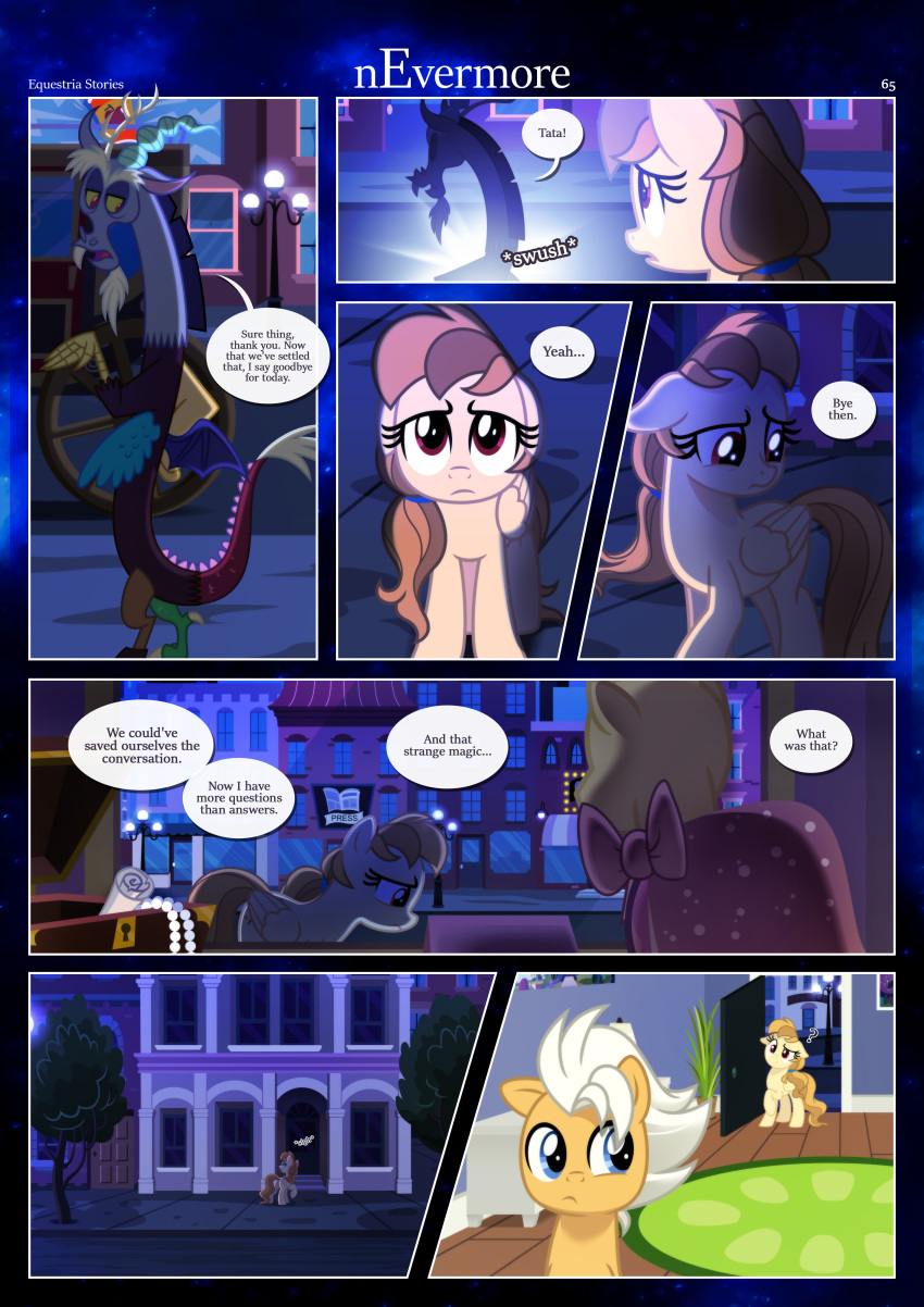 absurd_res accessory alice_goldenfeather_(estories) anthro border brother_(lore) brother_and_sister_(lore) building butt chimera clothing cutie_mark dialogue discord_(mlp) draconequus dress ears_down ears_up earth_pony equid equine estories fable_(estories) female feral friendship_is_magic frown group hair_accessory hair_tie hasbro hi_res horse inside magic male mammal my_little_pony on_display pegasus pivoted_ears plant pony question_mark rug sibling_(lore) sigh sister_(lore) street_lamp teleportation tree trio walking white_border window wings