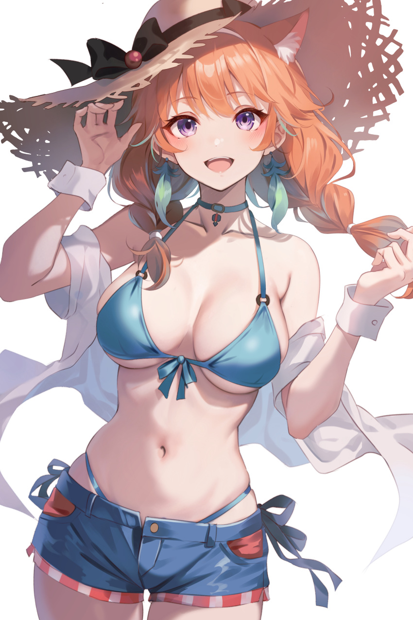 1girl absurdres animal_ear_fluff animal_ears bikini bikini_under_clothes bikini_under_shorts blue_bikini blue_hair blue_shorts blush braid breasts cat_ears cleavage earrings extra_ears feather_earrings feathers gradient_hair hat highres hololive hololive_english jacket jewelry kujou_ichiso large_breasts long_hair looking_at_viewer midriff multicolored_hair navel open_fly open_mouth orange_hair purple_eyes short_shorts shorts smile straw_hat swimsuit takanashi_kiara takanashi_kiara_(2nd_costume) teeth twin_braids unbuttoned upper_teeth_only virtual_youtuber white_background white_wrist_cuffs wrist_cuffs