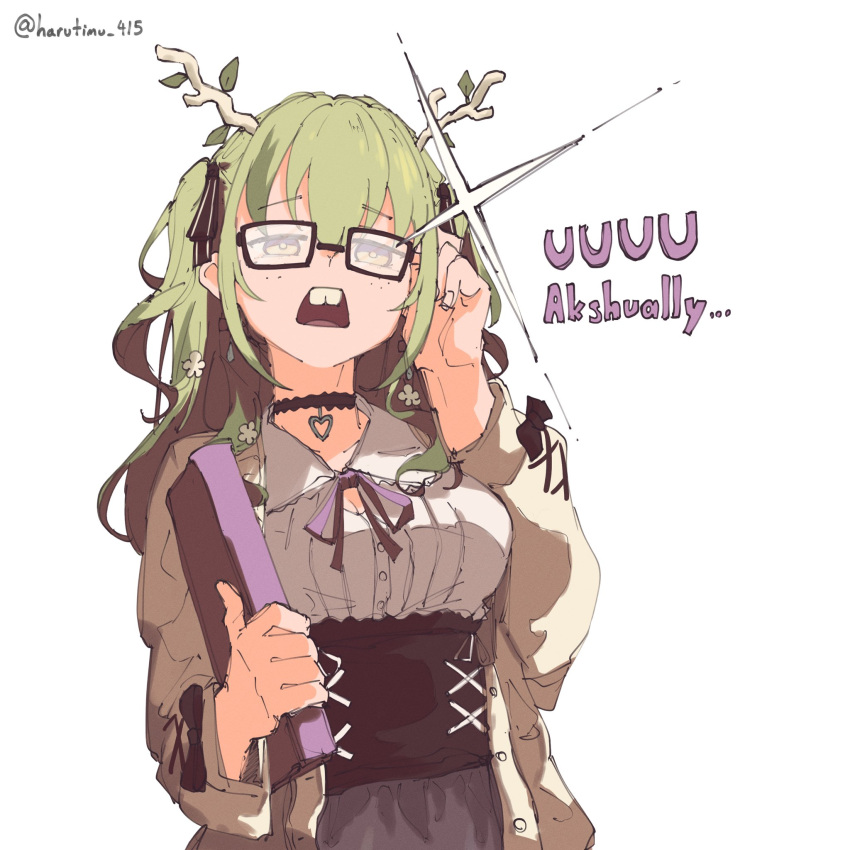 1girl adjusting_eyewear antlers black_choker black_skirt book buck_teeth ceres_fauna ceres_fauna_(3rd_costume) choker english_text freckles glasses glint green_hair harutimu high-waist_skirt highres holding holding_book hololive hololive_english jirai_kei leaf nerd_emoji opaque_glasses partially_opaque_glasses shirt skirt teeth twintails twitter_username white_background white_shirt yellow_eyes