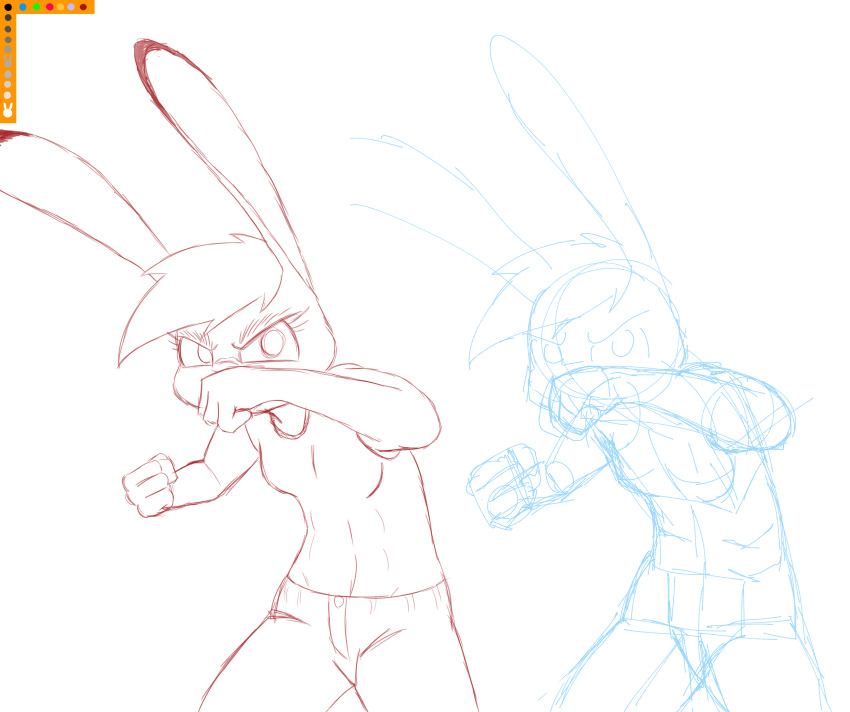 absurd_res anthro disney ears_up female fighting_pose fist frown_eyebrows hair hi_res judy_hopps lagomorph leporid line_art looking_at_viewer mammal pose rabbit simple_background sketch solo spoof_(artist) white_background zistopia zootopia