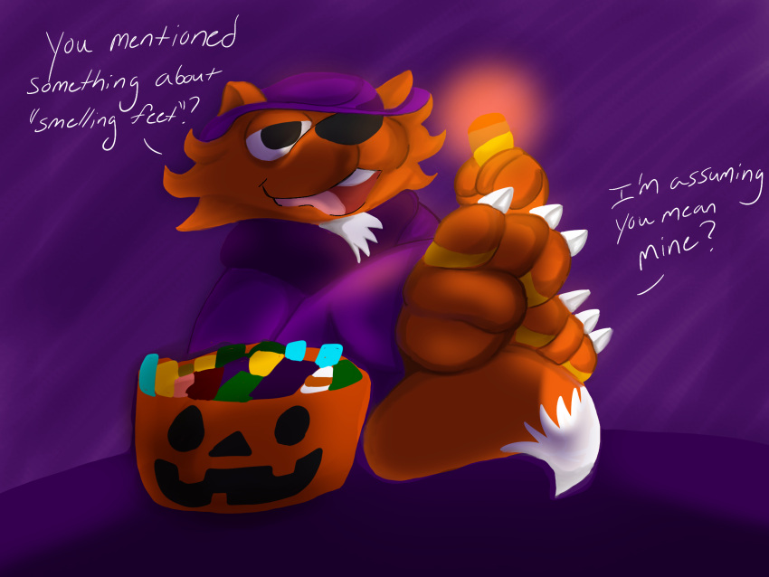 anthro canid canine chubby_male cigar claws clothing dialogue digit_ring foot_fetish fox fur fur_tuft halloween hi_res holidays jay_(jaythefox333) jaythefox333 jewelry male mammal orange_body orange_fur purple_background purple_clothing ring simple_background solo teasing toe_claws toe_ring tuft white_body white_fur
