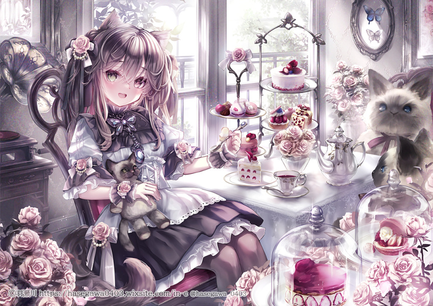 1girl :d animal_ears black_pantyhose black_skirt blue_butterfly brown_hair bug butterfly butterfly_brooch cake cake_slice cat_ears cat_girl cat_tail chair corset cup flower food frilled_skirt frilled_sleeves frills hair_flower hair_ornament hane_segawa heterochromia indoors lolita_fashion long_hair looking_at_viewer macaron open_mouth original painting_(object) pantyhose phonograph picture_frame pink_eyes pink_flower pink_rose plate puffy_short_sleeves puffy_sleeves rose serving_dome shirt short_sleeves skirt smile spoon strawberry_shortcake stuffed_animal stuffed_cat stuffed_toy sweets table tail tea teacup teapot tiered_tray tray two_side_up w white_butterfly white_corset white_shirt wrist_cuffs yellow_eyes