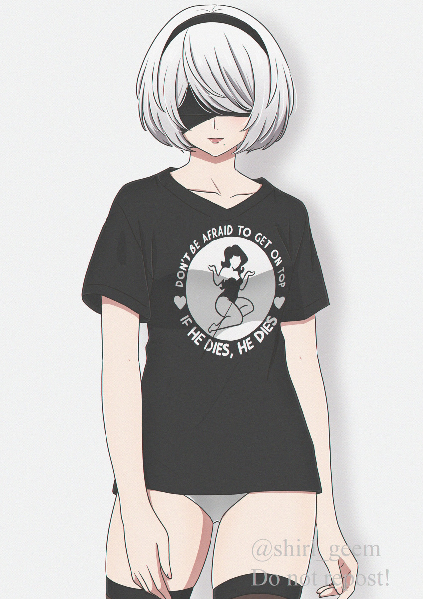 1girl absurdres black_blindfold black_hairband black_shirt black_thighhighs blindfold collarbone commentary cowboy_shot english_commentary english_text grey_hair hairband highres nier:automata nier_(series) no_pants panties shirl_geem shirt solo t-shirt thighhighs twitter_username underwear watermark white_panties yorha_no._2_type_b