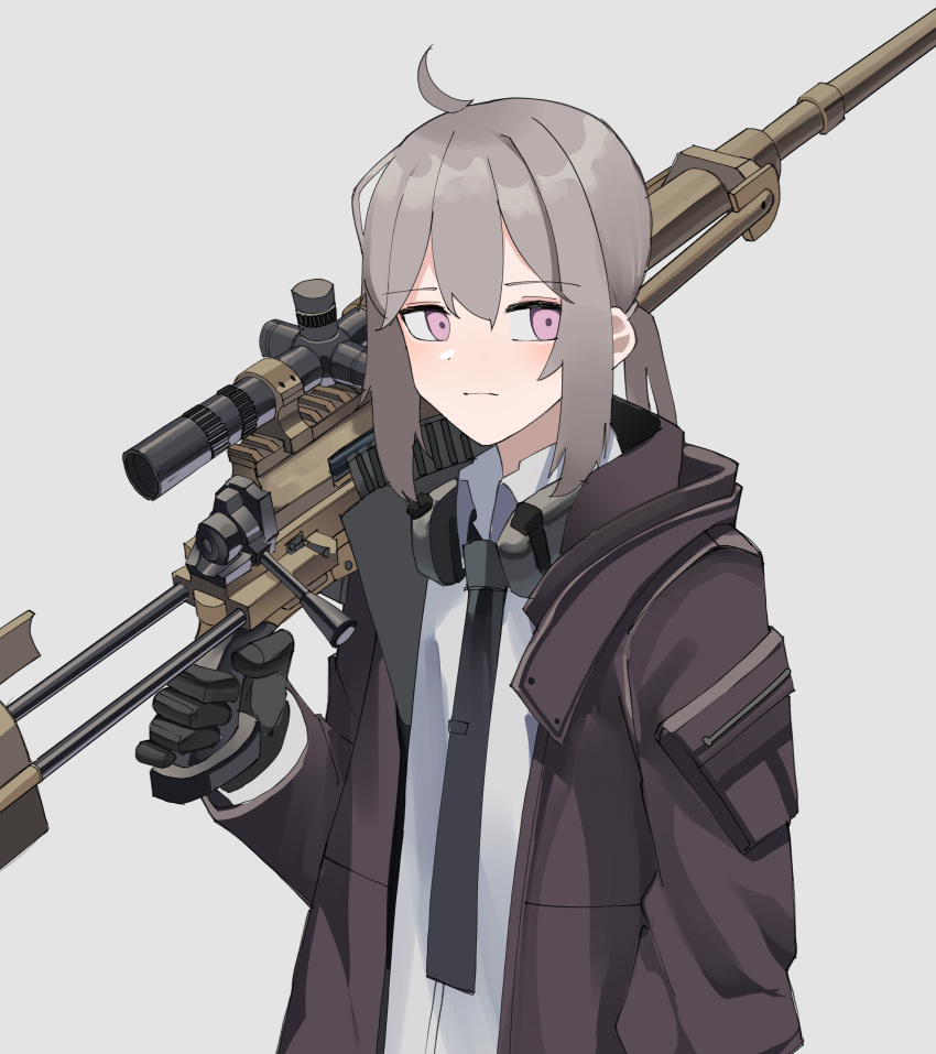 absurdres ahoge black_gloves black_jacket black_necktie bolt_action brown_jacket cheytac_m200 closed_mouth collared_shirt commentary dress_shirt ear_protection expressionless gar32 girls'_frontline gloves grey_background grey_hair gun hair_between_eyes highres holding holding_gun holding_weapon jacket long_hair looking_at_viewer m200_(girls'_frontline) name_connection necktie object_namesake open_clothes open_jacket pink_eyes ponytail rifle scope shirt sniper_rifle upper_body weapon white_shirt