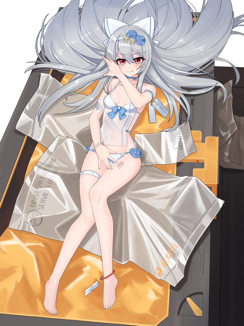 1girl :p absurdres awakening_(girls'_frontline_nc) bag barcode blue_bow blue_flower blue_nails blush bow bracelet breasts camisole collarbone commission covered_navel flower full_body girls'_frontline girls'_frontline_neural_cloud grey_hair hair_between_eyes hair_bow headband highres jewelry legs long_hair looking_at_viewer nabiyan nail_polish navel panties plastic_bag red_eyes see-through see-through_shirt small_breasts solo tag toes tokarev_(girls'_frontline) tongue tongue_out underwear white_bow white_headband white_panties