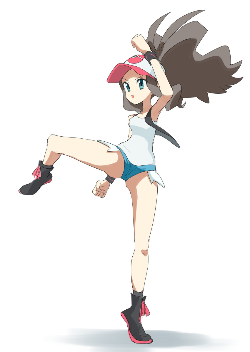 1girl :o absurdres asamaru1225 baseball_cap black_footwear black_vest black_wristband boots brown_hair clenched_hands eyelashes full_body green_eyes hat high_ponytail highres hilda_(pokemon) knees leg_up long_hair open_clothes open_mouth open_vest parted_lips pokemon pokemon_(game) pokemon_bw shirt shorts sidelocks socks solo standing standing_on_one_leg vest white_background white_headwear white_shirt