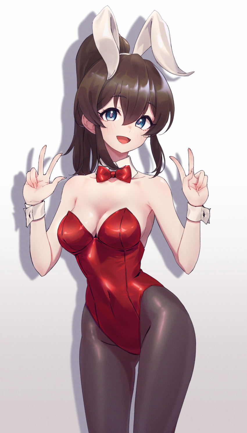 24riside absurdres animal_ears bikini blue_eyes bow bowtie breasts brown_hair cleavage commission detached_collar double_v gradient_background highres idolmaster idolmaster_million_live! leotard long_hair medium_breasts pantyhose pixiv_commission playboy_bunny ponytail rabbit_ears red_bow red_bowtie red_leotard satake_minako side-tie_bikini_bottom strapless strapless_leotard swimsuit v white_background wrist_cuffs