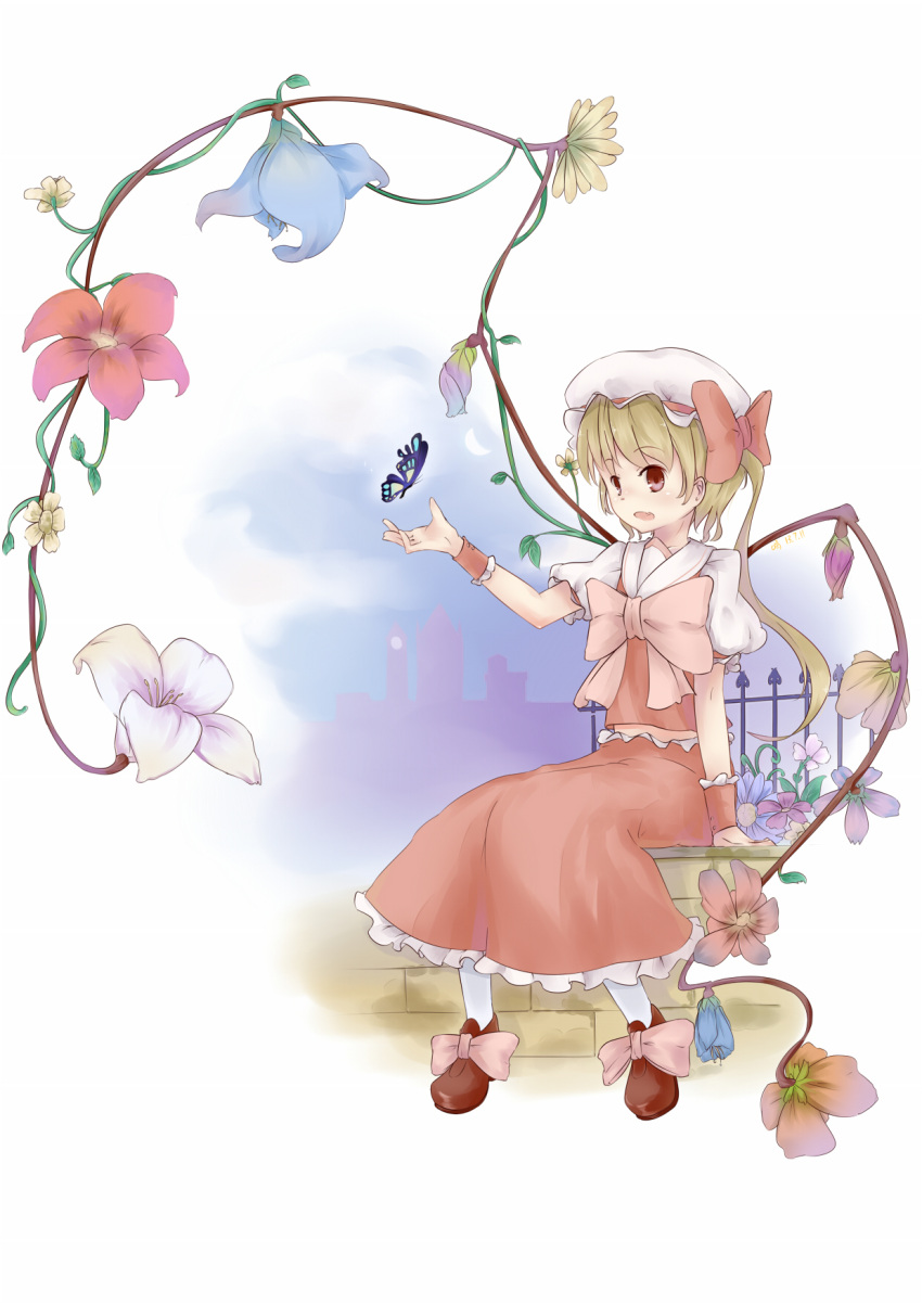 1girl adapted_costume alternate_wings blonde_hair blue_butterfly blue_flower bow bowtie bug butterfly clock clock_tower fence flandre_scarlet flower flower_wings frilled_skirt frills full_body hat hat_bow hat_ribbon highres huge_bowtie iron_fence keyfanjun long_hair long_skirt looking_at_animal one_side_up orange_flower outdoors pink_bow pink_bowtie puffy_short_sleeves puffy_sleeves purple_flower red_bow red_eyes red_flower red_footwear red_ribbon red_skirt red_vest ribbon scarlet_devil_mansion shirt shoes short_sleeves sitting skirt skirt_set socks solo stairs stone_stairs touhou tower vest white_flower white_headwear white_shirt white_socks wings wrist_cuffs