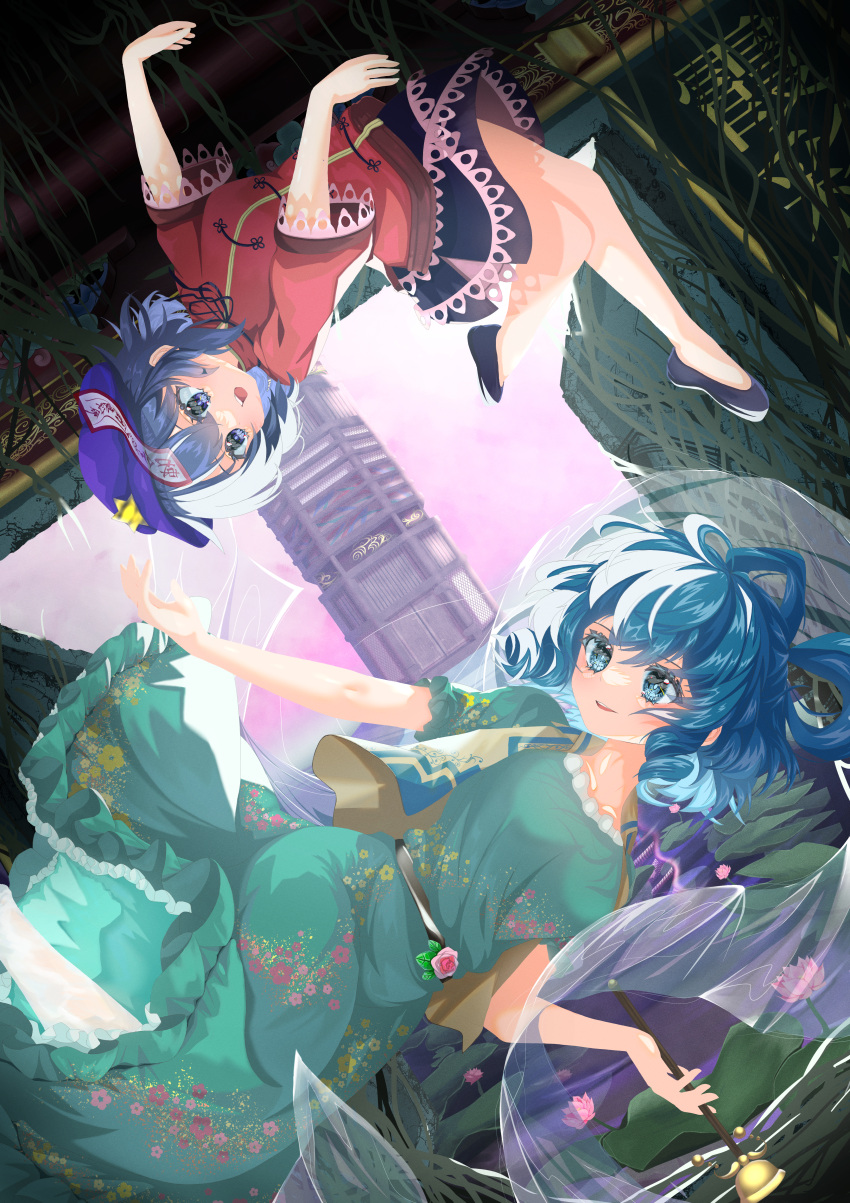 2girls absurdres black_eyes black_footwear black_ribbon black_skirt blue_dress blue_eyes blue_hair breasts cabbie_hat cheesegyuudon09 chinese_clothes collared_vest commentary_request divine_spirit_mausoleum dress floral_print flower full_body hair_rings hat hat_ornament highres jiangshi kaku_seiga lace-trimmed_sleeves lace_trim lily_pad lotus medium_bangs medium_breasts miyako_yoshika multiple_girls neck_ribbon ofuda open_clothes open_mouth open_vest outstretched_arms pink_flower plant print_dress purple_headwear red_shirt ribbon shirt short_hair short_sleeves skirt smile star_(symbol) star_hat_ornament tangzhuang touhou upside-down vest vines white_vest zombie_pose