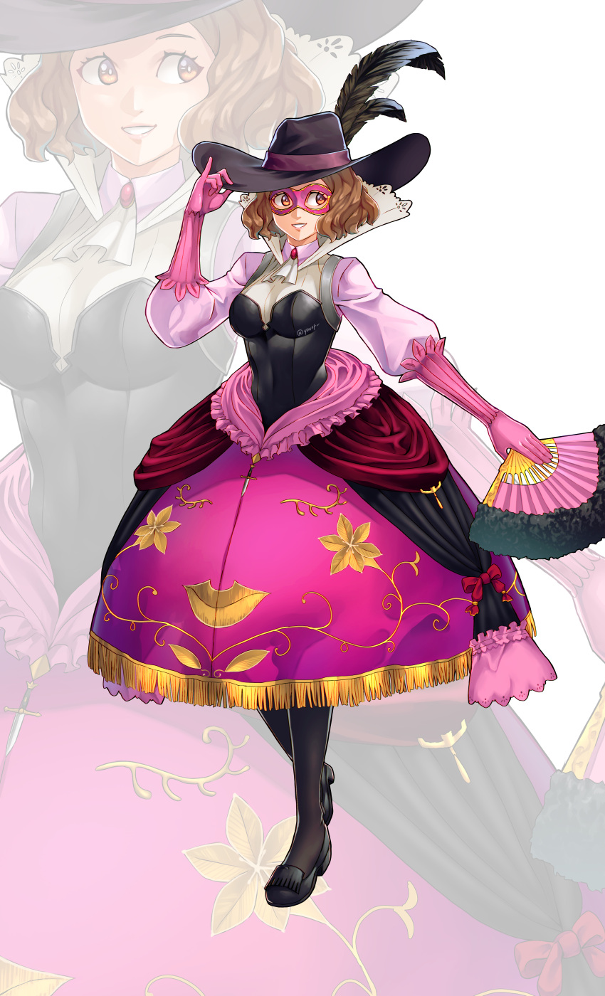 1girl absurdres adapted_costume ascot brown_eyes brown_hair domino_mask dress folding_fan frills gloves hand_fan hat highres holding holding_fan looking_at_viewer mask milady_(persona) okumura_haru persona persona_5 puffy_sleeves short_hair smile solo you_nf