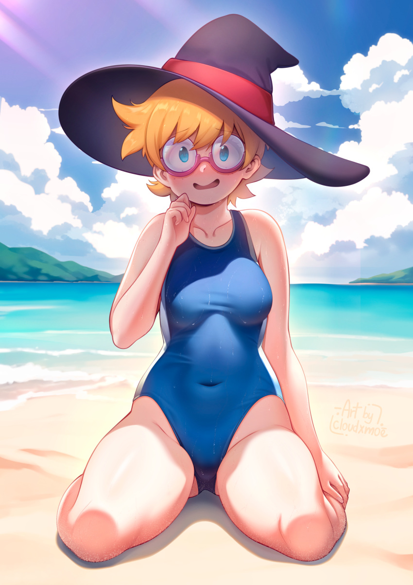 1girl beach blue_eyes blue_one-piece_swimsuit blue_sky blush breasts cloudxmoe covered_navel day glasses hat highres horizon little_witch_academia looking_at_viewer lotte_jansson medium_breasts ocean one-piece_swimsuit open_mouth orange_hair outdoors sand shiny_skin short_hair sky smile solo swimsuit witch_hat