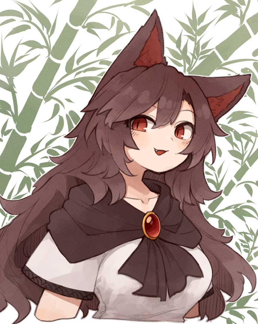 1girl animal_ear_fluff animal_ears bamboo blush brooch brown_hair dress fang hair_between_eyes highres imaizumi_kagerou jewelry kaginoni long_hair open_mouth red_eyes short_sleeves smile solo touhou upper_body white_dress wolf_ears