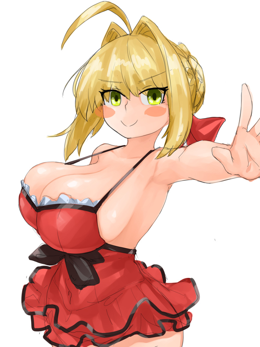 1girl ahoge blonde_hair breasts dress fate/grand_order fate_(series) frilled_skirt frills hair_bun hair_ribbon highres large_breasts looking_at_viewer nero_claudius_(fate) nero_claudius_(fate/extra) red_dress red_ribbon ribbon single_hair_bun skirt smile solo steamingtofu yellow_eyes