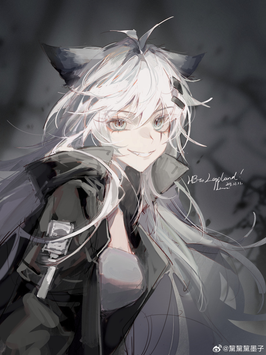 1girl absurdres animal_ear_fluff animal_ears antenna_hair arknights artist_name bandeau black_jacket blurry blurry_background breasts character_name chinese_commentary chinese_text collared_jacket commentary_request dated depth_of_field english_text eyelashes fang from_side grey_background grey_eyes grey_hair hair_between_eyes hair_ornament hairclip happy_birthday high_collar highres jacket lappland_(arknights) layered_sleeves long_eyelashes long_hair long_sleeves looking_at_viewer looking_to_the_side medium_breasts messy_hair open_clothes open_jacket pale_skin parted_lips scar scar_across_eye scar_on_face short_over_long_sleeves short_sleeves smile solo stippling_(texture) teeth upper_body very_long_hair watermark weibo_7796414672 weibo_logo weibo_username white_bandeau wolf_ears wolf_girl