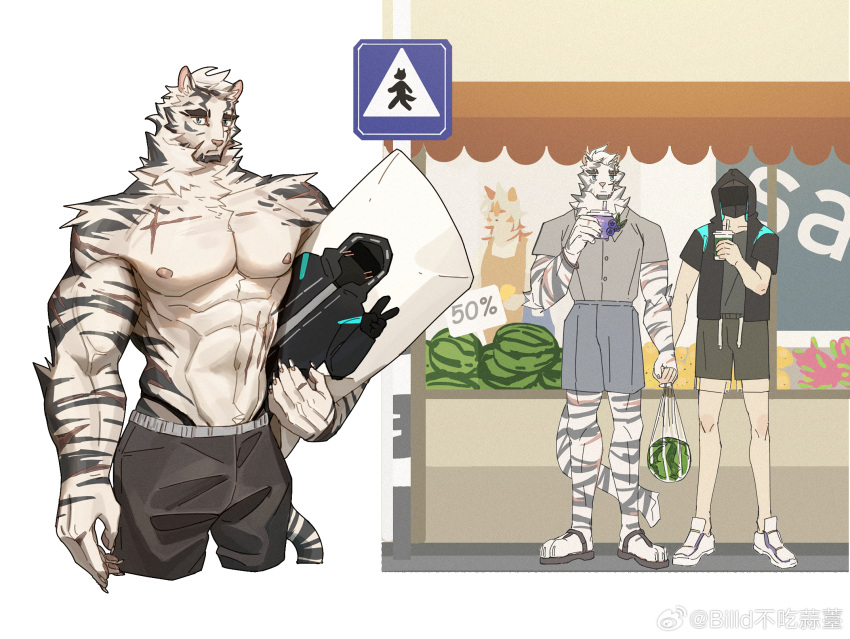 3boys abs alternate_costume animal_ears arknights artist_request bag bara body_pillow carrying carrying_under_arm collage cup dakimakura_(object) disposable_cup doctor_(arknights) expressionless facial_hair food fruit furry furry_male furry_with_non-furry goatee highres holding_hands hung_(arknights) interspecies large_hands large_pectorals looking_at_viewer male_doctor_(arknights) male_focus mountain_(arknights) multiple_boys muscular muscular_male nipples pectorals pillow scar scar_across_eye scar_on_arm shopping_bag short_hair shorts stomach thick_eyebrows tiger_boy tiger_ears topless_male veins veiny_arms watermelon white_hair yaoi
