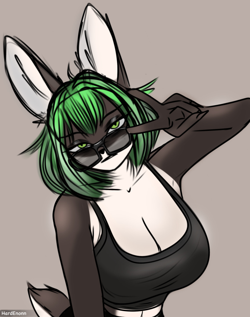 anthro brown_body clothed clothing eyewear female glasses green_eyes green_hair hair hardenonn hi_res lagomorph leporid looking_at_viewer mammal rabbit shirt solo tagme topwear