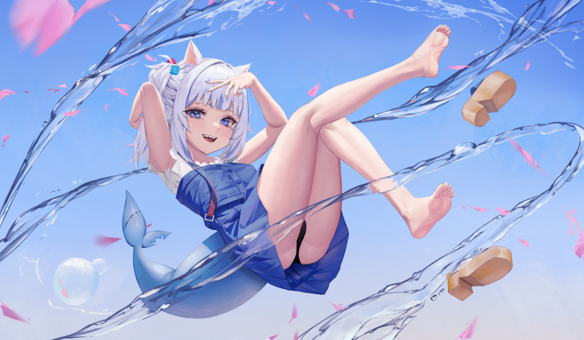 1girl absurdres animal_ears arms_up ass bare_legs barefoot black_panties blue_background blue_dress blue_eyes blue_hair blunt_bangs brown_footwear cat_ears commentary dress eyelashes falling_petals feet fins fish_tail frilled_sleeves frills full_body gawr_gura gawr_gura_(2nd_costume) gradient_background grey_hair hair_ornament highres hololive hololive_english knees_together_feet_apart lakusoul legs long_hair looking_at_viewer multicolored_hair official_alternate_costume open_mouth panties petals pleated_dress sandals sandals_removed shark_girl shark_tail sharp_teeth short_sleeves side_ponytail soles solo streaked_hair tail teeth thighs toes underwear upper_teeth_only water