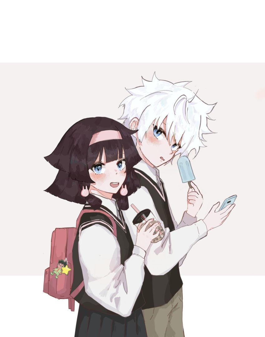 1boy 1girl alluka_zoldyck bag black_hair black_shirt blue_eyes blush brother_and_sister bubble_tea cellphone female_child food hair_ornament hairband highres hunter_x_hunter killua_zoldyck looking_at_viewer male_child phone popsicle school_bag school_uniform shirt siblings simple_background skirt white_background yuu_0442