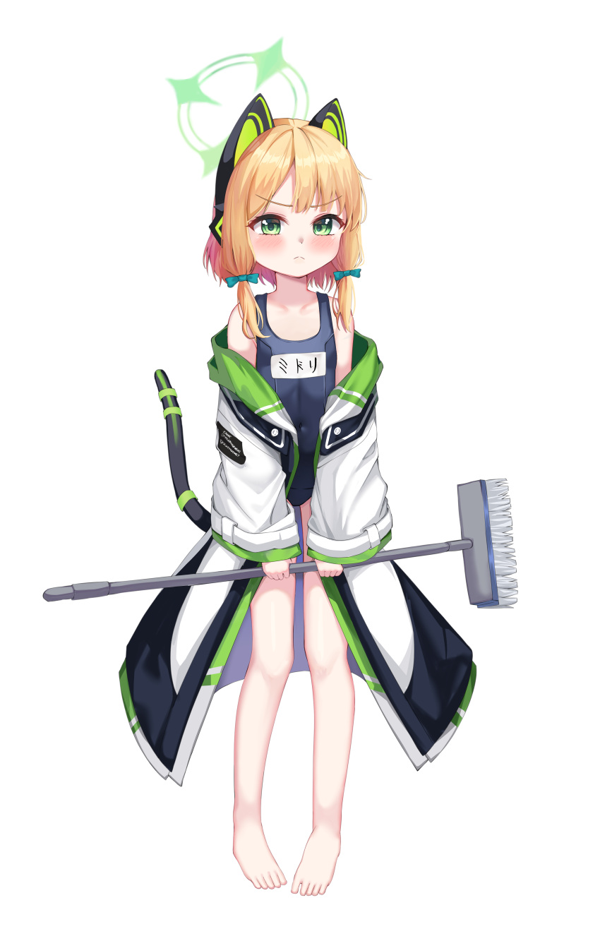 1girl absurdres animal_ear_headphones animal_ears barefoot black_one-piece_swimsuit blonde_hair blue_archive blue_bow blush bow cat_tail closed_mouth fake_animal_ears flat_chest full_body green_eyes hair_between_eyes hair_bow headphones highres jacket looking_at_viewer midori_(blue_archive) name_tag one-piece_swimsuit rate_aato school_swimsuit short_hair simple_background solo swimsuit tail white_background white_jacket