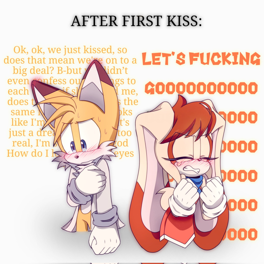 1boy 1girl aged_up animal_ears animal_nose blush closed_eyes cream_the_rabbit english_commentary english_text fox_boy furry furry_female furry_male gloves hetero highres interspecies lab_coat let's_fucking_go_(meme) looking_away meme nervous rabbit_girl sonic_(series) sweat tails_(sonic) teeth wendy-san_(ra_fox) white_gloves